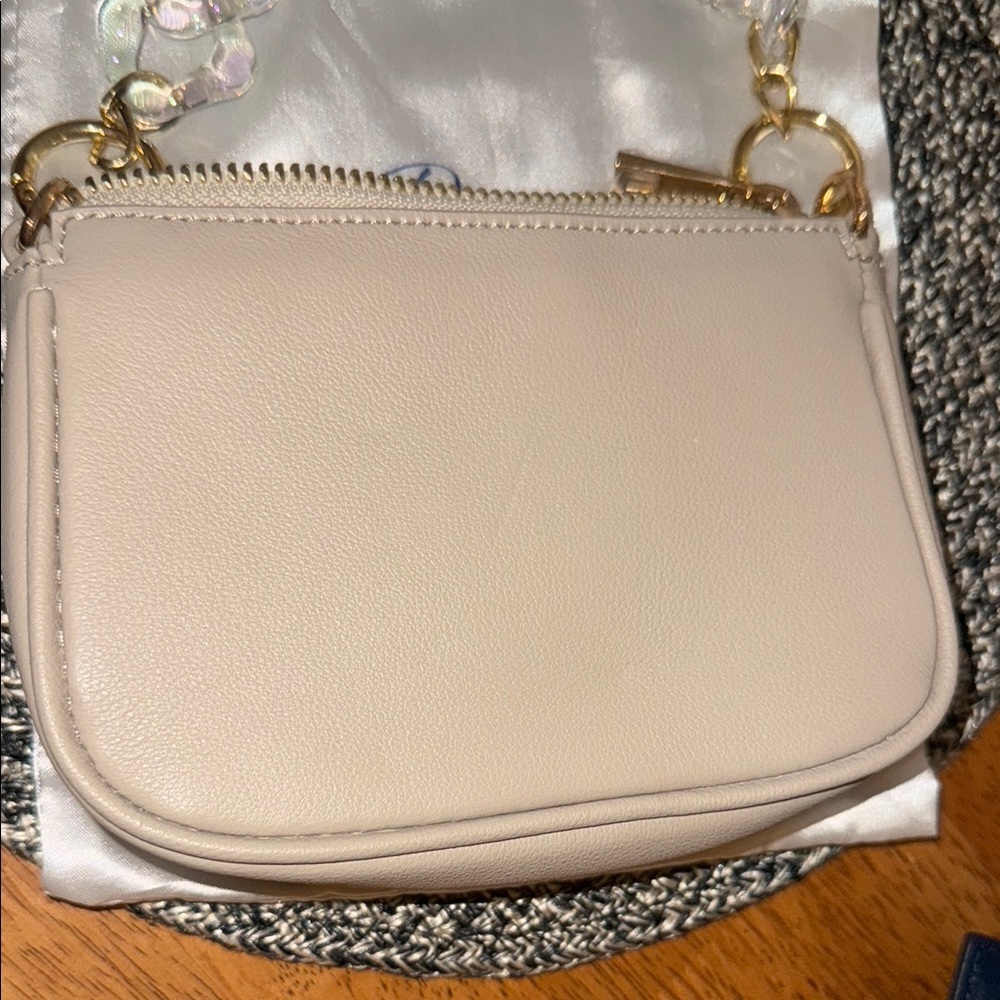 Cream Clutch with Gold Chain Strap and Textured Leather - Picture 2 of 9